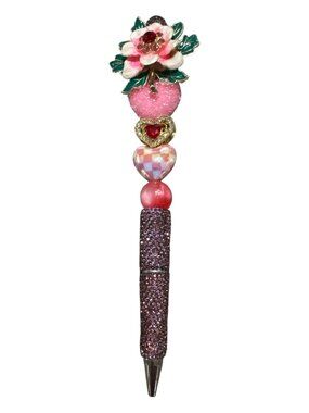 Floral Enamel Decorative Ballpoint Pen With Glitter Handle & Heart Accents Pink